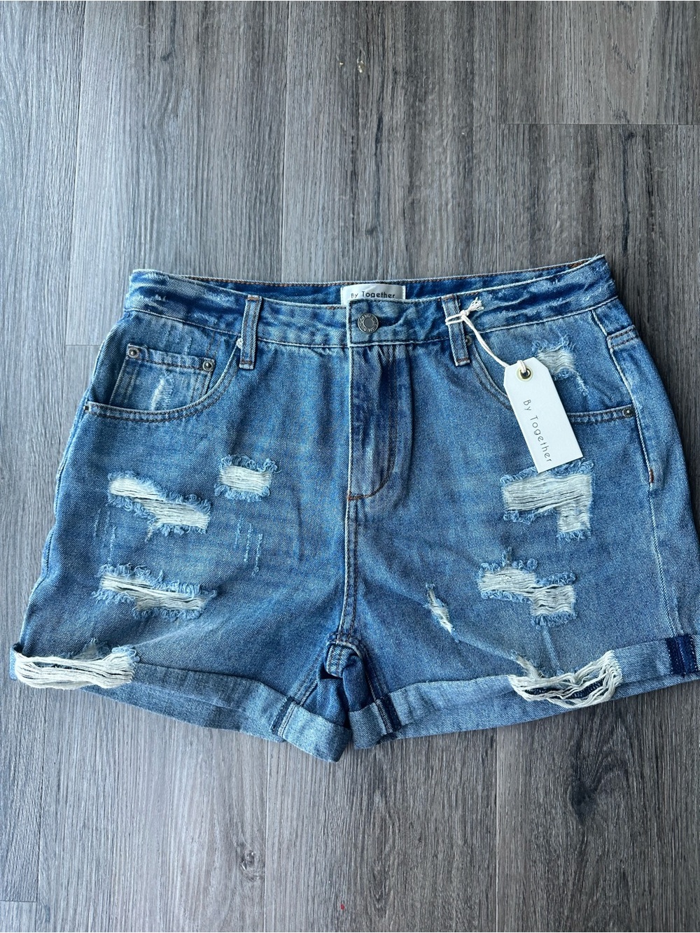 By Together Distressed Roll-Hem Jean Shorts - Medium Blue